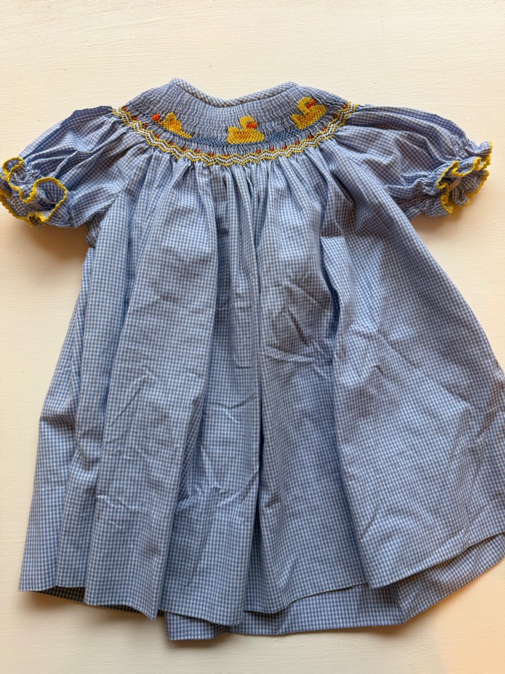 Amanda Remembered Blue Gingham Smocked Dress with Yellow ducks and trim